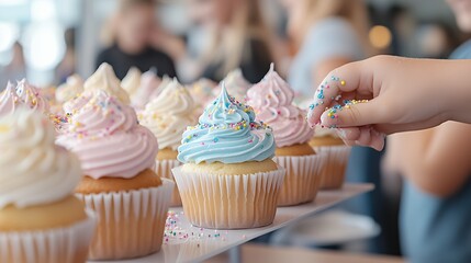 A child is reaching for a cupcake with sprinkles on top. The cupcakes are arranged on a white plate, and there are several of them in different colors