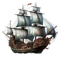 A large ship sails on a white background