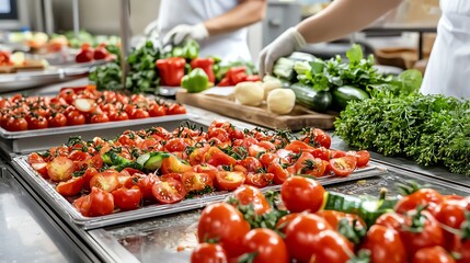 Obraz premium Automated food processing machines slicing vegetables in a highspeed production line, food slicing automation, industrial food production