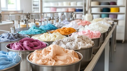 A textile dyeing process with colorful fabrics being treated in large vats, textile dyeing process, fabric production