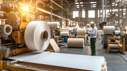 Large rolls of paper being produced in a paper mill, paper production process, industrial manufacturing