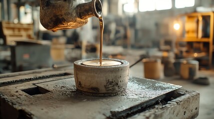 Molten metal being poured into a mold in a foundry, metal casting process, industrial production