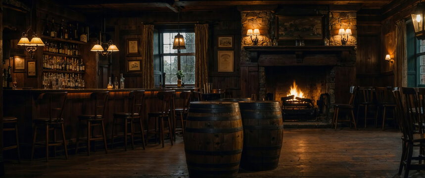 Cozy irish pub interior with burning fireplace and barrels