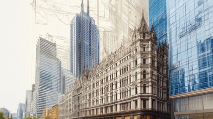 A vintage building in the middle of a modern city with a sketch of the city in the background.