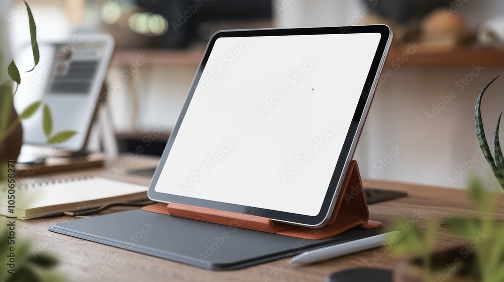 Poster tablet on a desk with a stylish case in a modern workspace.