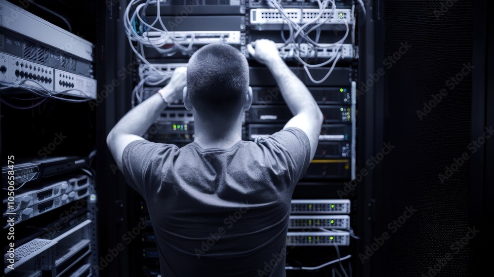 Poster technician troubleshooting server connections in a dark server room.