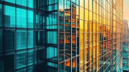 Obraz premium A close-up view of a modern office building with a glass facade, reflecting the sunset.