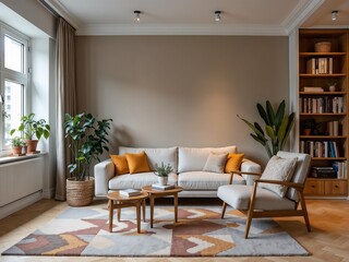 Fototapeta premium Stylish Modern Living Room with Cozy Furniture and Green Plants