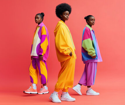 Three models showcase vibrant streetwear fashion against a bold pink backdrop