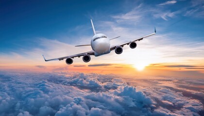 Obraz premium Commercial Airplane Jetliner Flying Above Dramatic Clouds in Sunset Light