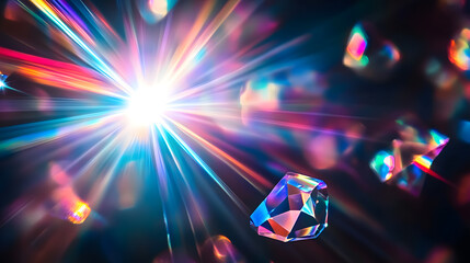 Blue light flare prism rainbow flares overlay effect on black background light crossing crystals prismatic sun catcher reflections rays Abstract blurred colourful lens flare bokeh on d : Generative AI