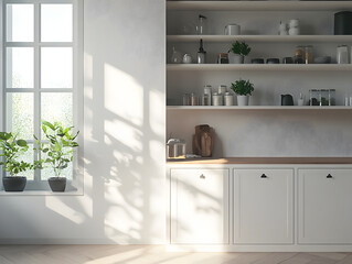 White home kitchen interior with cooking cabinet, window. Mockup wall
