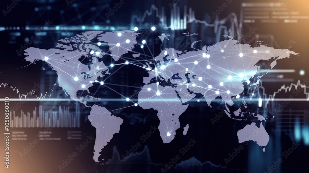 Poster world map with digital connections and data visualization, abstract design.