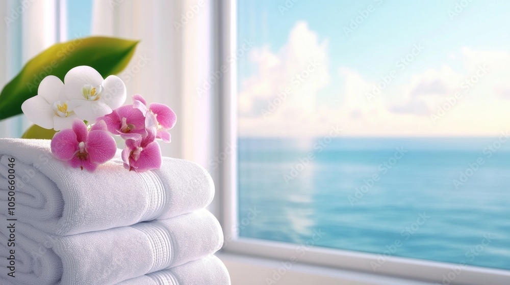 Poster orchids rest on plush towels with a serene ocean view in the background, ai