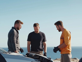 Three men working on a car engine by the seaside under clear blue skies