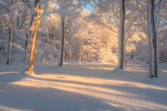Beautiful winter forest landscape with tall trees covered in snow at sunset. AI generative.