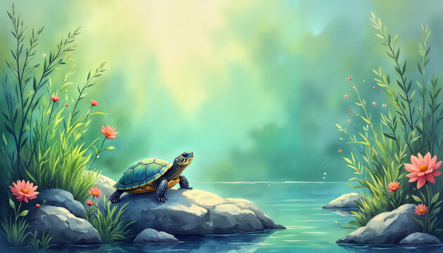 Calm turtle resting on a rock by the serene pond surrounded by grass and plants, copy space