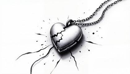 Illustration of a broken heart-shaped locket with cracks hanging from a chain, Jealousy , copy space