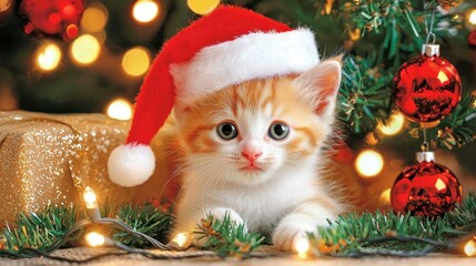 Obraz premium Festive kitten enjoying cozy Christmas decor