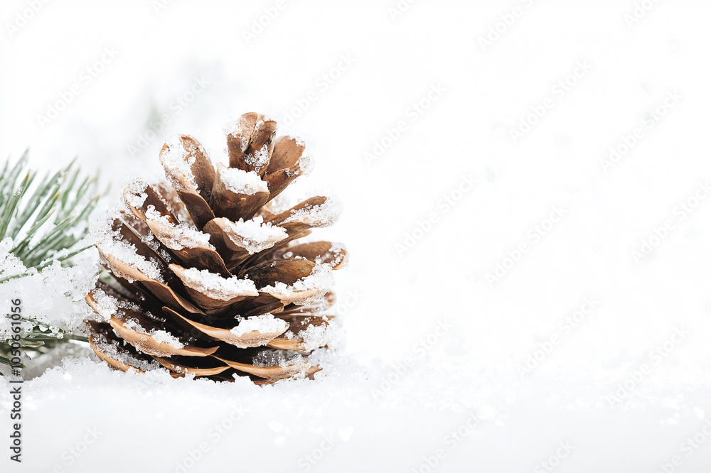 Poster single pinecone laying in the snow with a pine tree branch laying next to it on a snow covered surfa
