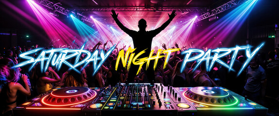 Dj playing at saturday night party with neon lights and crowd cheering