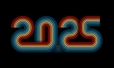 2025 line art design. Retro, 70s style numbers. Happy New Year design element for calendar card, brochure, cover. Retro Colors from the 1970s 1980s, 70s, 80s, 90s. retro vintage 70s style poster