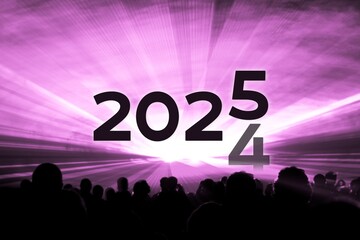 Turn of the year 2024 2025 pink laser show party. Luxury entertainment with people crowd audience silhouettes at new year celebration. Premium nightlife event at holidays season time