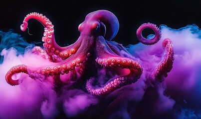 Dramatic octopus emerging from ink cloud with neon spotlight.