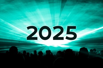 Happy new year 2025 turquoise laser show party people crowd. Luxury entertainment with audience silhouettes turn of the year celebration. Premium nightlife event at holidays season party time