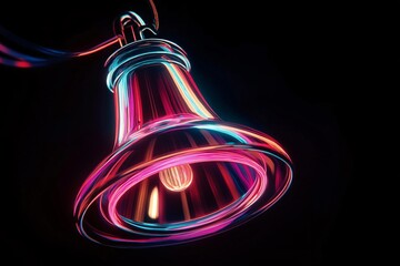 Neon bell rings with vibrant colors on dark background, perfect for holidays, parties, and music events. Futuristic and artistic design symbolizes fun and excitement