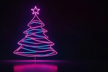 Neon christmas tree with a star on top is glowing brightly against a dark background