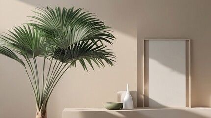 Fototapeta premium A large palm plant adds a touch of nature to a fresh indoor space, complemented by a simple white vase and an empty frame against a warm wall, enhancing a minimalist aesthetic