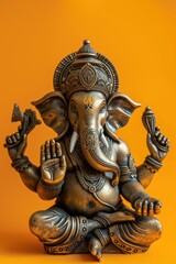 Fototapeta premium Golden statue of lord ganesha, the remover of obstacles, sitting in a meditation pose