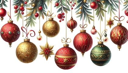 Ornament Delight Hanging watercolor ornaments in red, gold, and green white background,generative ai