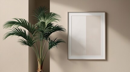 A minimalist interior showcases a blank picture frame on the wall adjacent to a vibrant indoor plant, blending elegance and nature in a serene environment