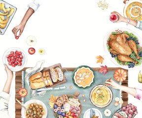 Watercolor illustration of festive Thanksgiving table with traditional dishes, fall decor, hands. Autumn holiday banner, card template.