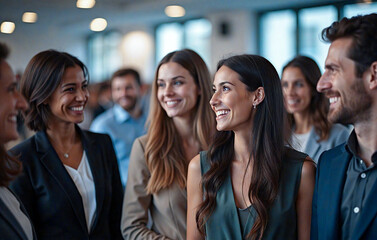 Business professionals gather at a networking event, sharing smiles and positive interactions in a corporate setting.