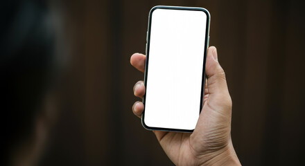 smartphone mockup white screen in hand of bussiness man