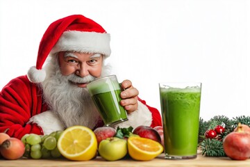 Santa claus is having a healthy green smoothie surrounded by fruits and christmas decorations