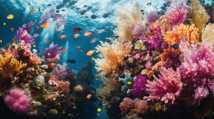 Fototapeta premium A vibrant coral reef teeming with life, showcasing a diverse array of colorful coral and fish species.