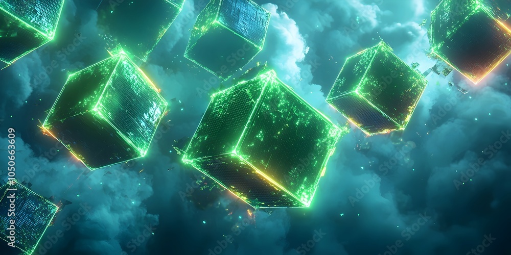 Poster futuristic digital cubes float in a surreal cloudscape, glowing with vibrant green and blue hues, cr