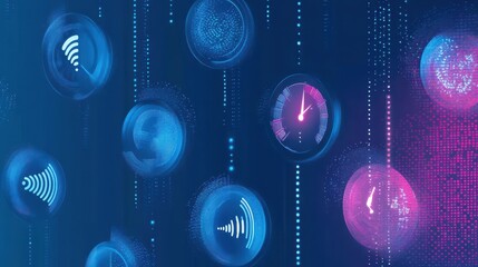 A close-up of a smart thermostat with holographic IoT data streams flowing around it, displaying temperature and energy use in bright, colorful graphics.