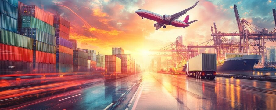 Global logistic hub with import export and container cargo freight train, cargo plane, container truck on highway at city background with copy space, International trade