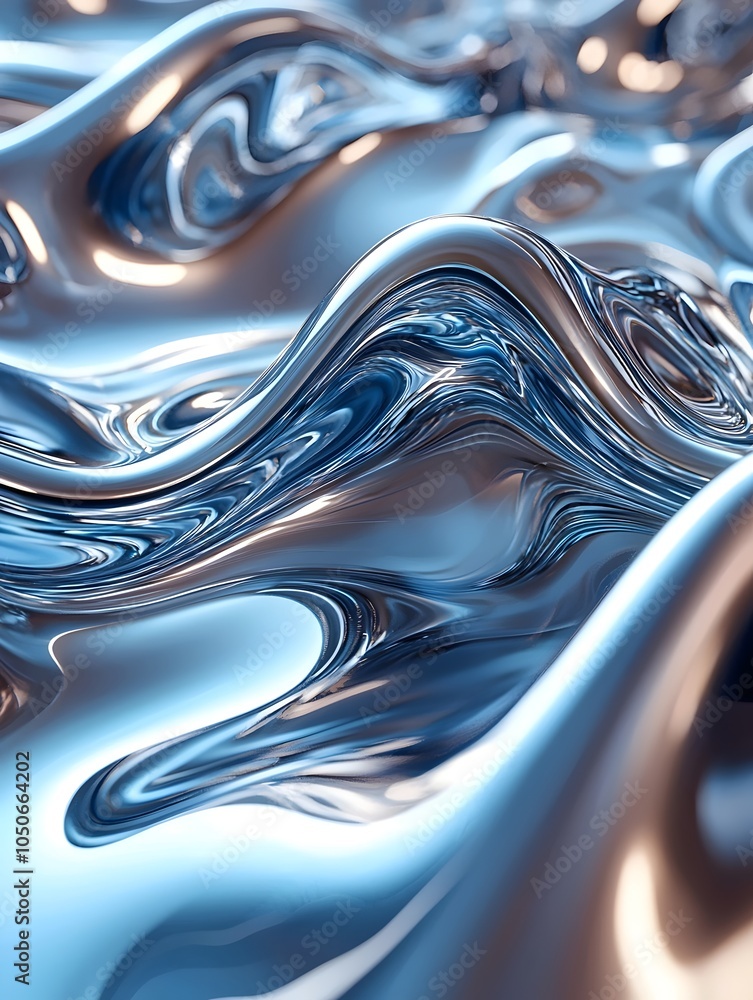 Poster close-up of shimmering metallic blue waves creating a fluid and dynamic abstract pattern, reminiscen