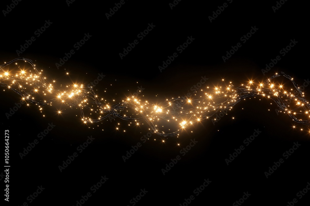 Poster string of sparkling golden fairy lights is glowing on a black background creating a festive holiday 