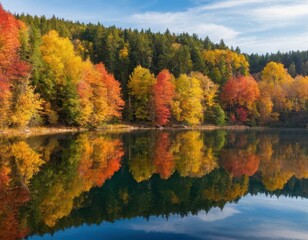 Calm Lake Reflecting Vibrant Autumn Trees with Brilliant Fall Colors
