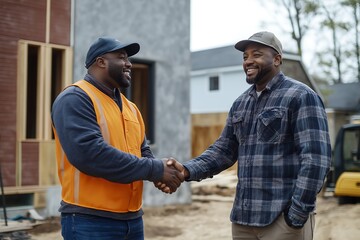 Excited Black Homeowner Man Celebrating His New Home Ownership with a Firm Handshake, Illustrating Success and Achievement in Real Estate Transactions