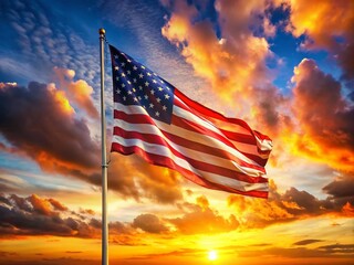 Obraz premium Long Exposure of a Vibrant Flag Waving in the Wind Against a Stunning Sunset Sky