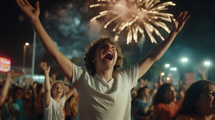 Fototapeta premium Vibrant silhouettes of a diverse crowd cheering and watching a spectacular fireworks display at night, perfect for celebrating events or festive occasions.