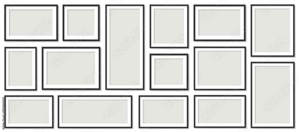 Fototapete Picture photo frame set empty mockup, frames with shadow, blank frame border mockups, wall presentation, isolated pictures frames mock-up in different forms